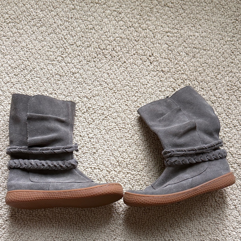 Livie & Luca Grey Suede Braided Detail Mid-Calf Boots sz 13